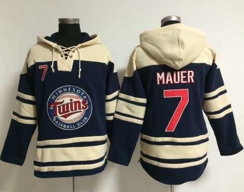 Twins #7 Joe Mauer Navy Blue Sawyer Hooded Sweatshirt MLB Hoodie - Click Image to Close